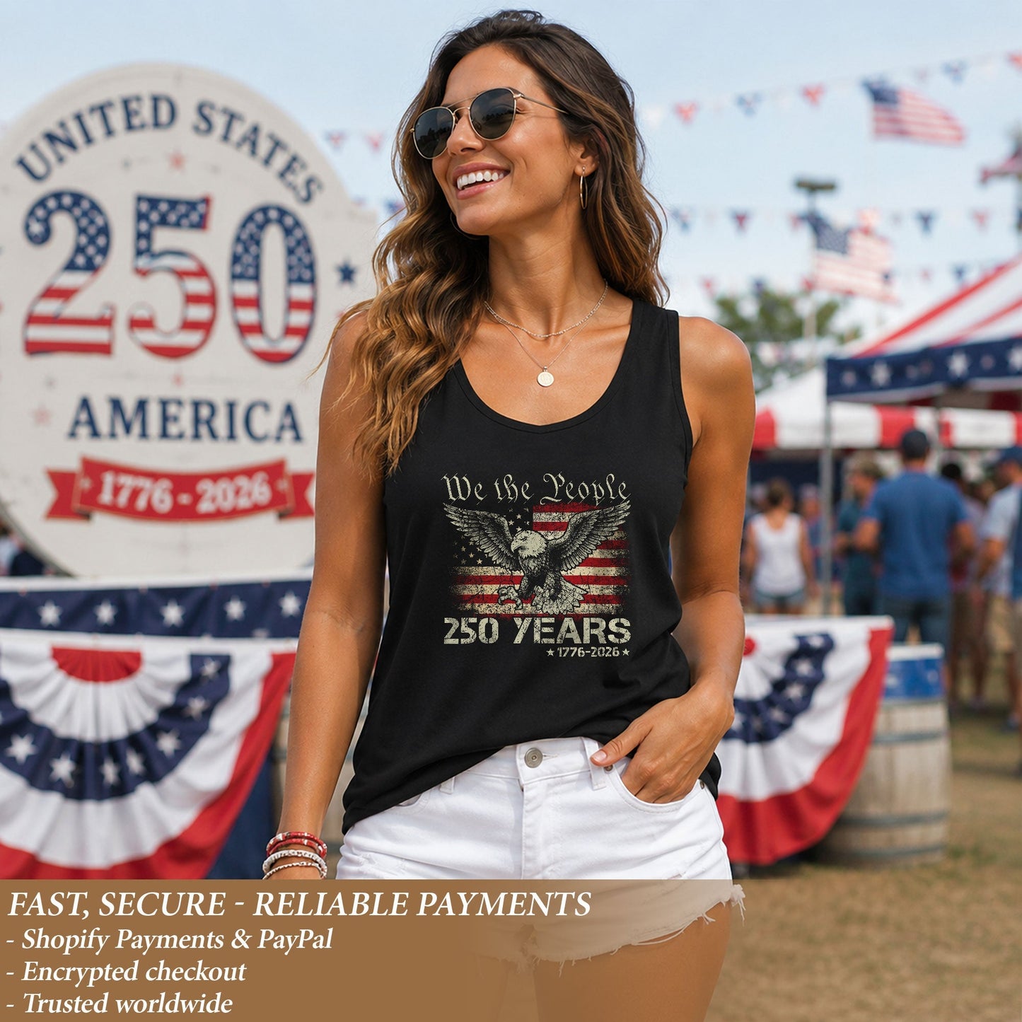 We the People 250 Years Tank Top Women Eagle Patriotic US Flag Historic 1776-2026 Shirt