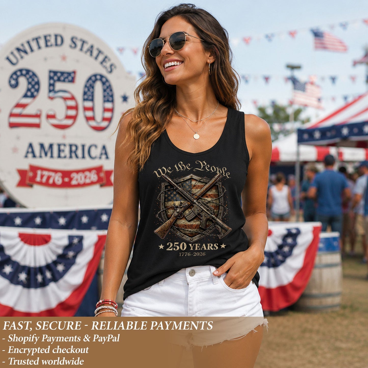 We The People 250 Years Tank Top Women 1776-2026 Patriotic Crossed Rifles US Shirt