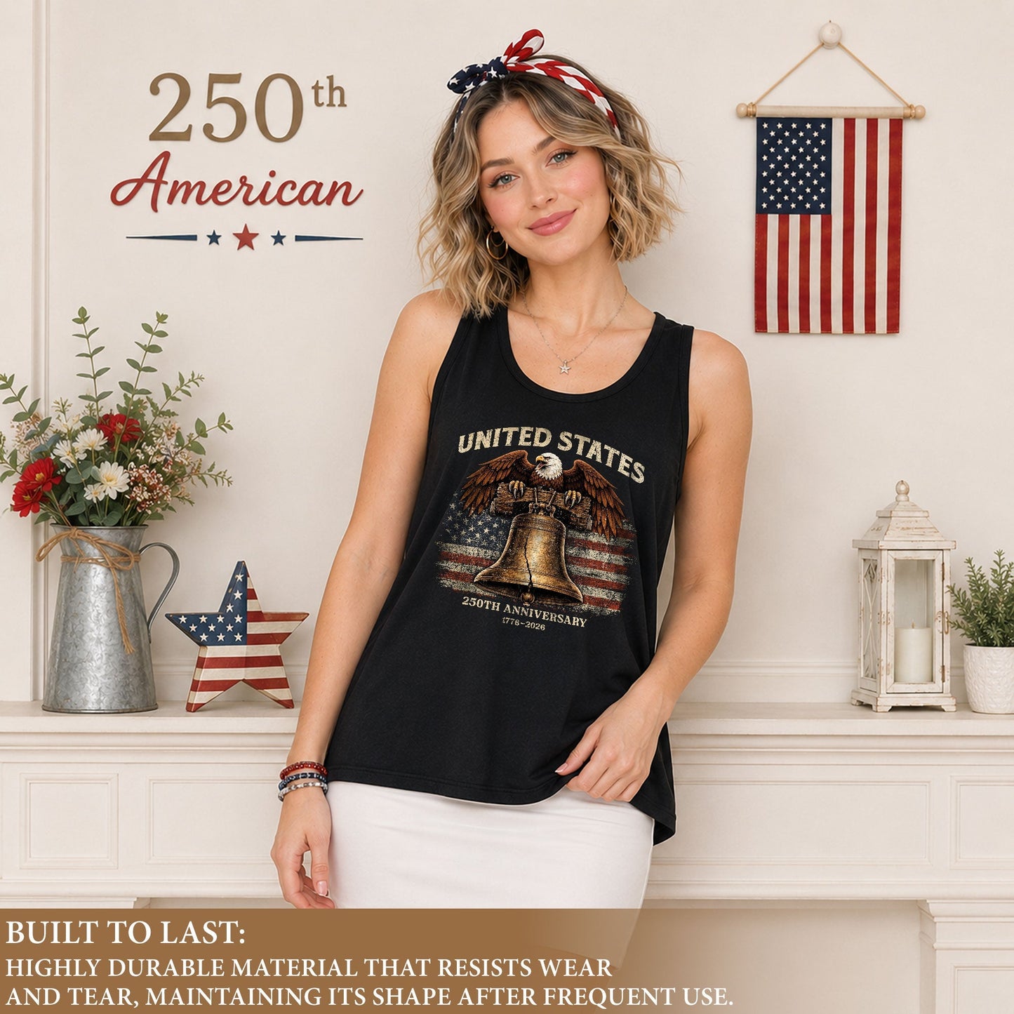 United States 250th Anniversary Tank Top Women Liberty Bell Patriotic Eagle Shirt
