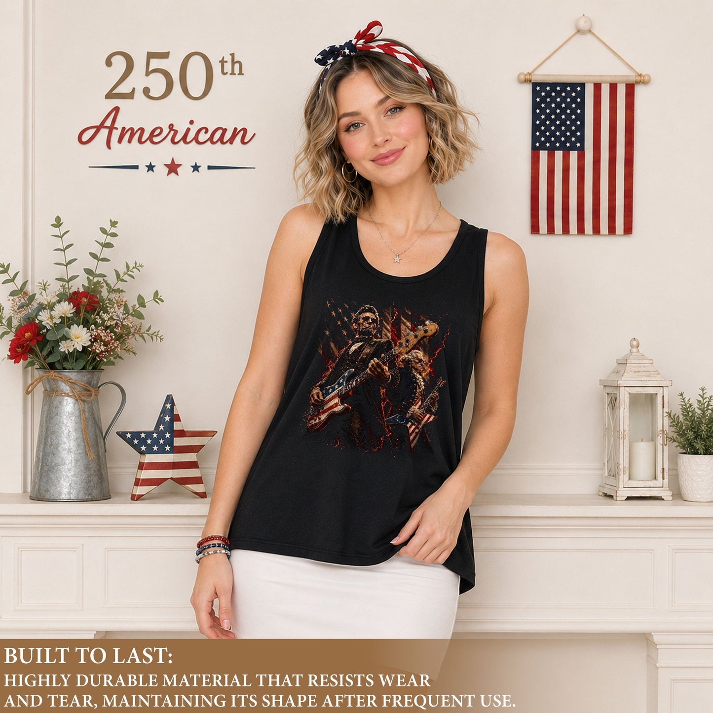 Lincoln Women Tank Top Patriotic Presidents Rock Guitarist US Flag Founding Fathers Shirt