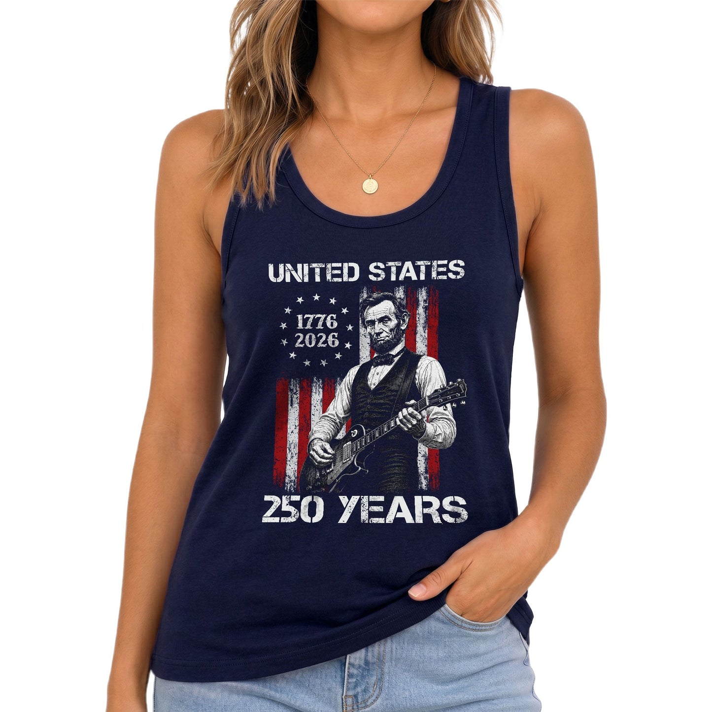 Tank Top Women America 250 Years 1776-2026 Abraham Lincoln Guitar Patriotic Sleeveless